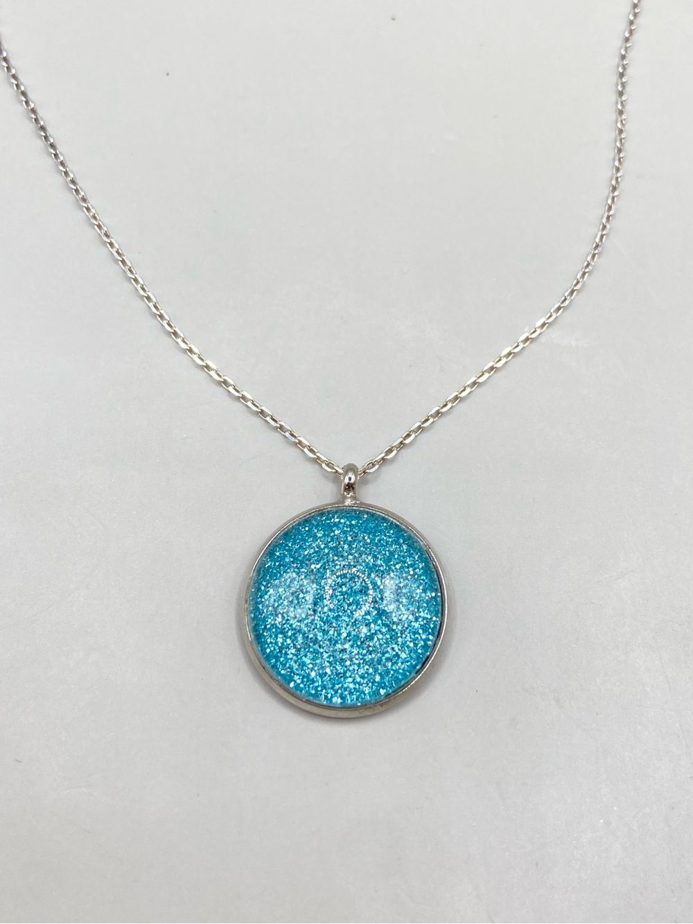 Sterling Silver Shimmer Blue Glitter Round Necklace